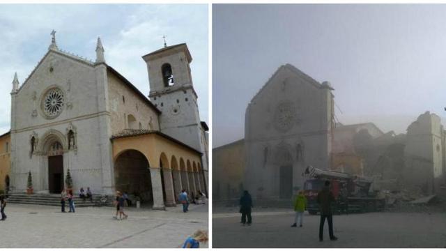 Fotocomposizione della basilica di San Benedetto a Norcia, come era prima e come si vede dopo i danni del terremoto