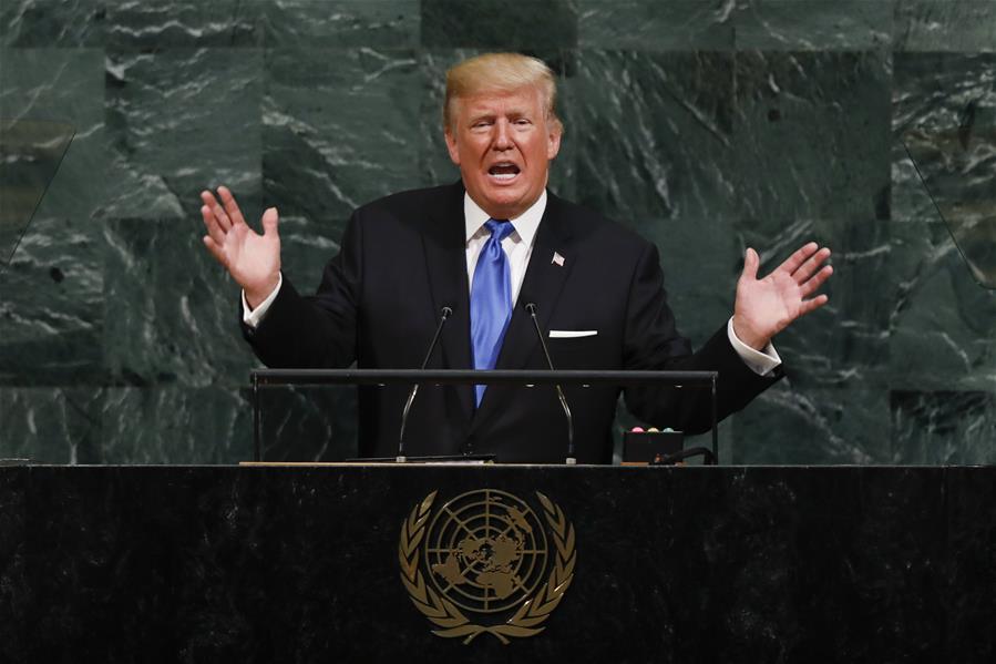 Il presidente Usa Trump parla alla 72esima Assemblea Onu di New York il 19 settembre 2017 (ph. Xinhua / Li Muzi).