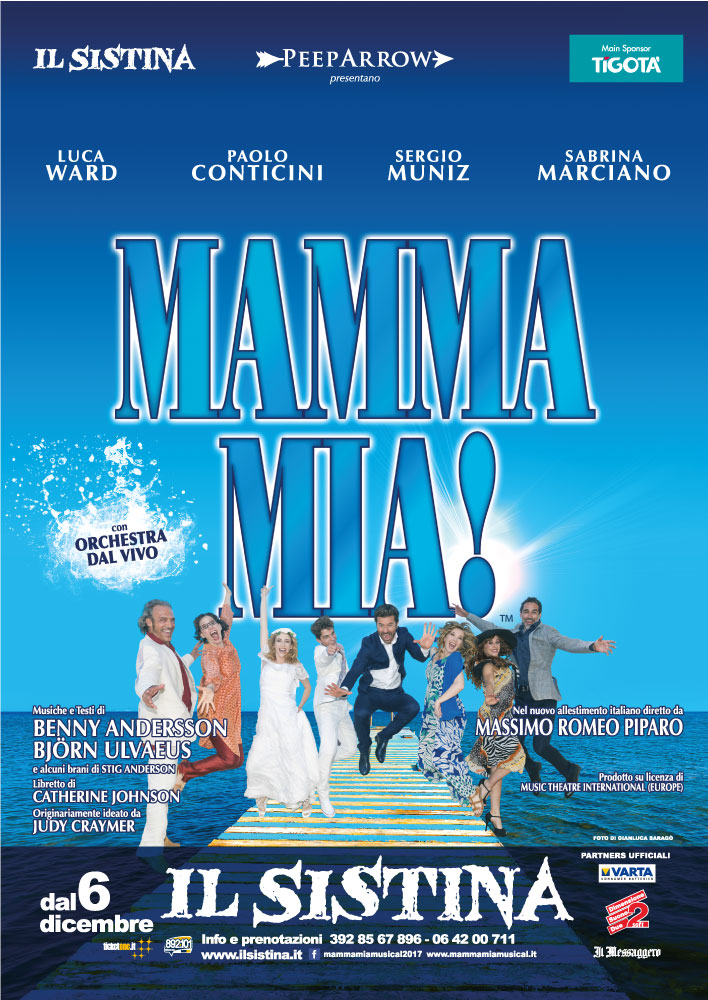 La locandina del musical Mamma mia!, in arrivo per Natale al teatro Sistina di Roma.