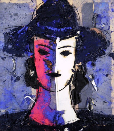 Manolo Valdés, Rostro tricolor sobre fondo gris. 2006, olio su tela di juta, cm 172 x 151 Galleria d’Arte Contini ©Manolo Valdés by SIAE 2020