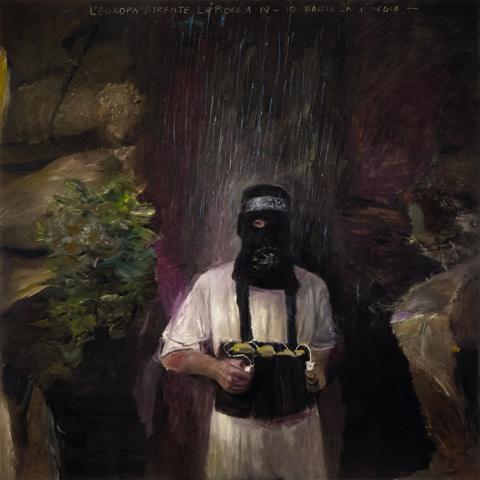 Pietro Geranzani, L'Europa durante la pioggia IV - Io faccio la pioggia, 2018, olio su tela (cm 180x180). Pietro Geranzani, L'Europa durante la pioggia IV - Io faccio la pioggia, 2018, olio su tela (cm 180x180).