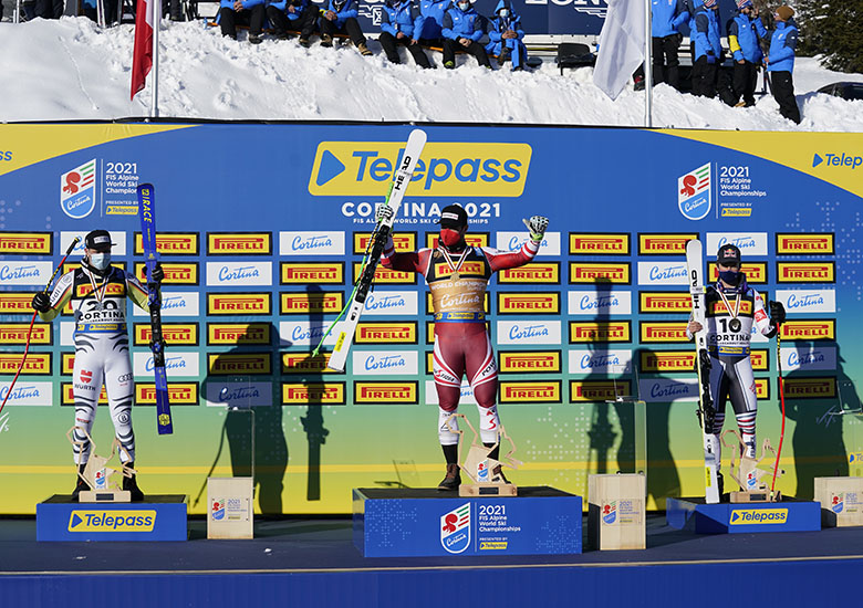 Campionati del mondo di sci alpino Cortina 2021, Cortina d'Ampezzo 11/02/2021 Super G maschile: Romed Baumann (GER) argento, Vincent Kriechmayer (AUT) oro, Alexis Pinturault (FRA) Bronzo (Photo: Gio Auletta/Pentaphoto/Pool).