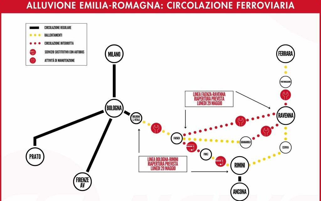 Alluvione, verso la riapertura il 29/5 della linea Bologna-Rimini Alluvione, verso la riapertura il 29/5 della linea Bologna-Rimini