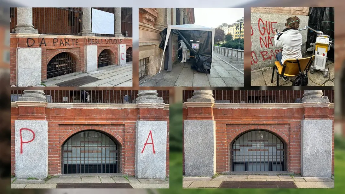 Laser rimuove i graffiti dalla facciata storica della Statale di Milano Laser rimuove i graffiti dalla facciata storica della Statale di Milano